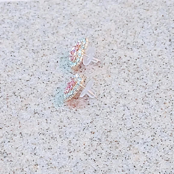 DOUBLE HEART PINK & CLEAR CUBIC ZIRCONIA SURGICAL STEEL STUD EARRINGS - Picture 6 of 9